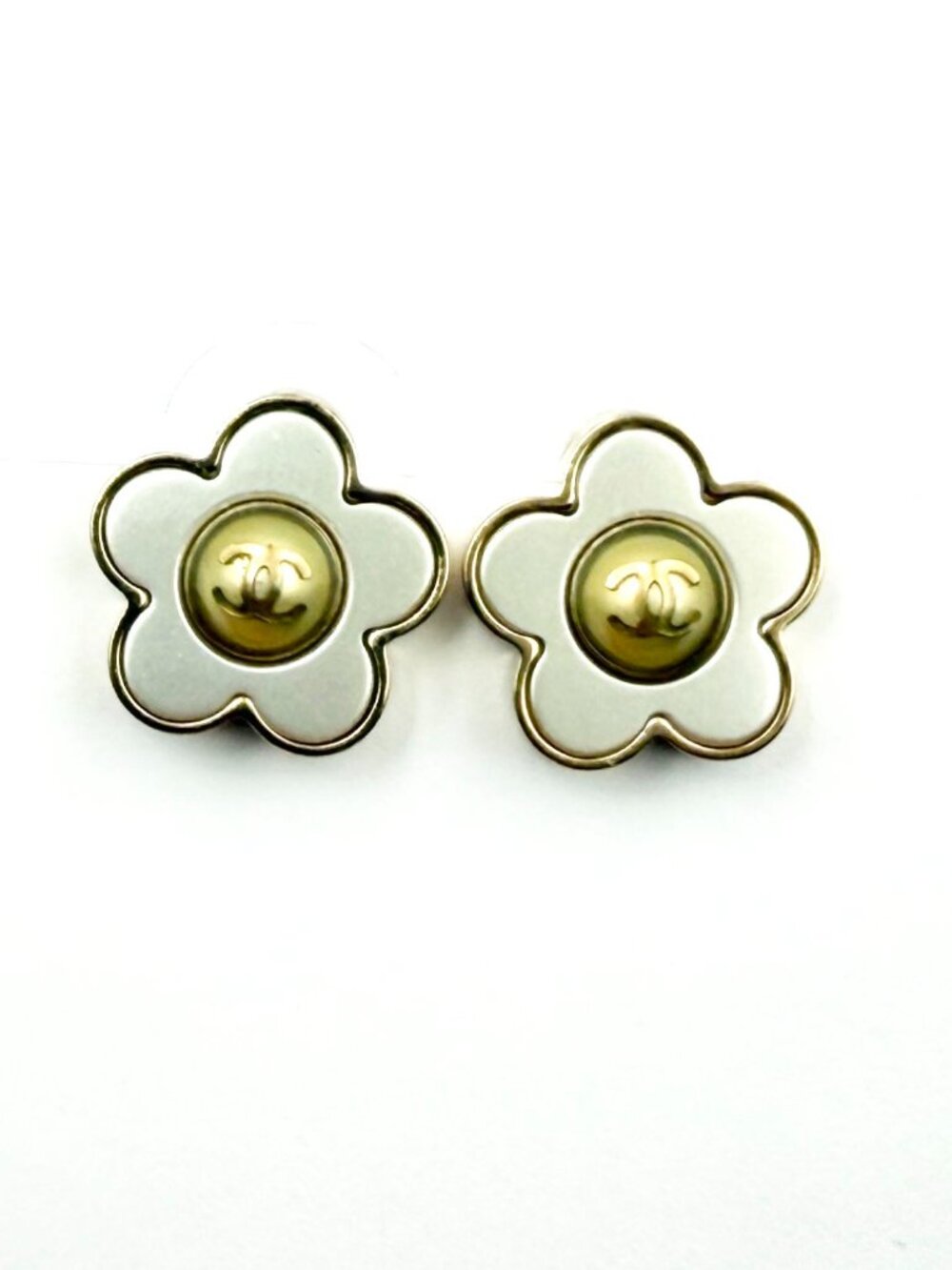 Chanel Gold CC Ivory Daisy Flower Piercing Earrings